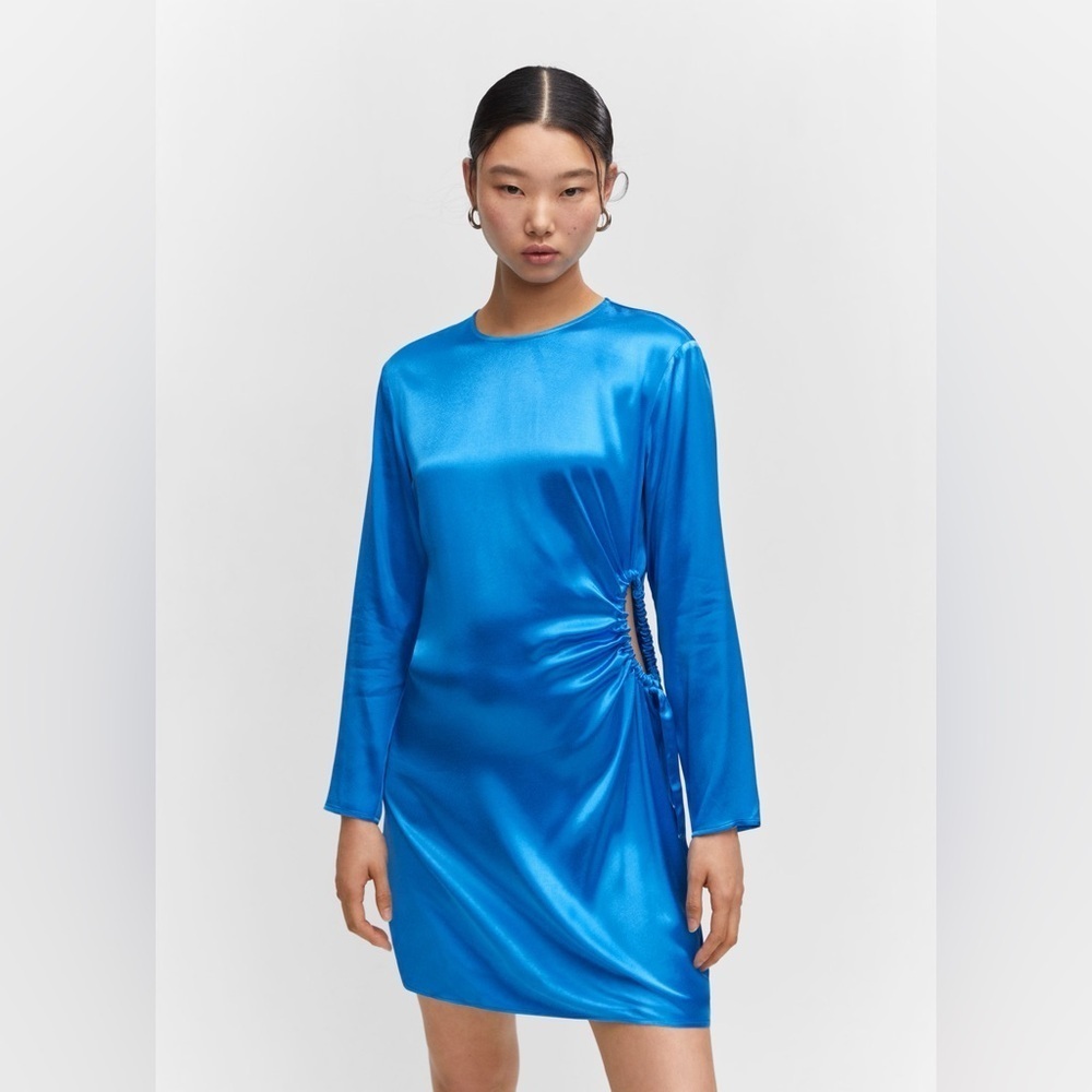 Mango side-slit blue satin dress NWT